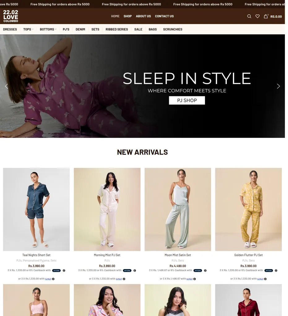 Homepage of the 2202 Love Colombo online store