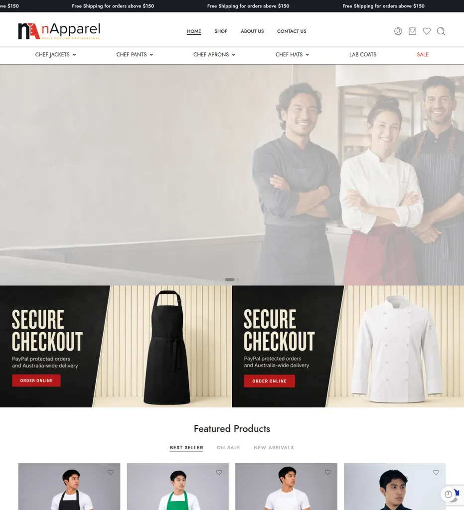 Homepage of the nApparel chef wear store