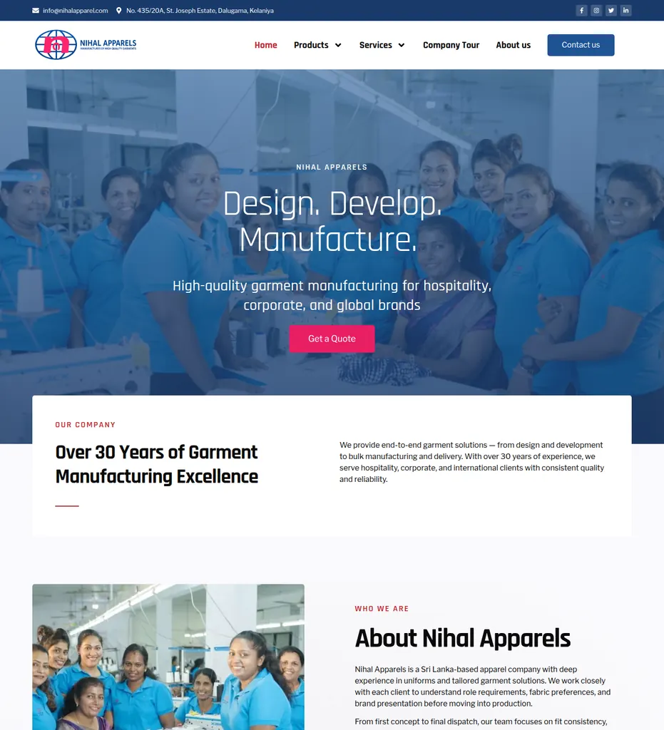 Homepage of Nihal Apparels, a garment manufacturer