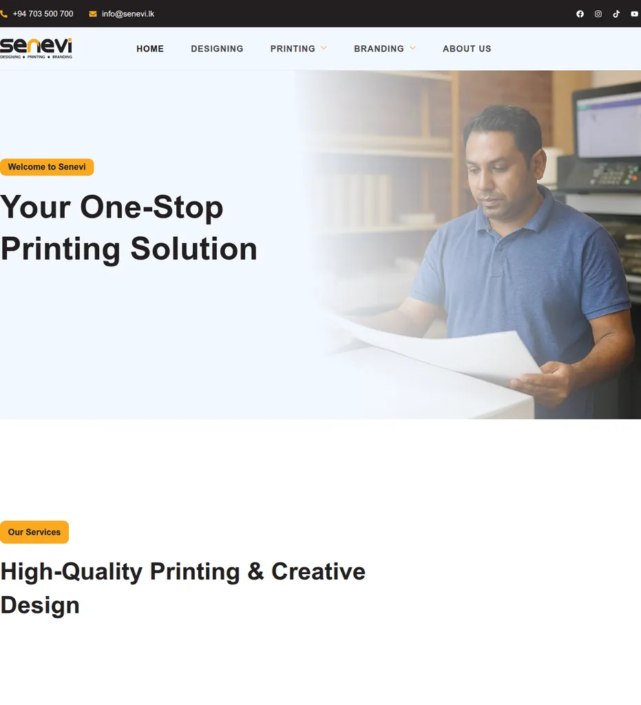 Homepage of Senevi, a printing and branding company