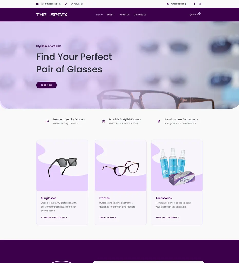 Homepage of The Specx eyewear store